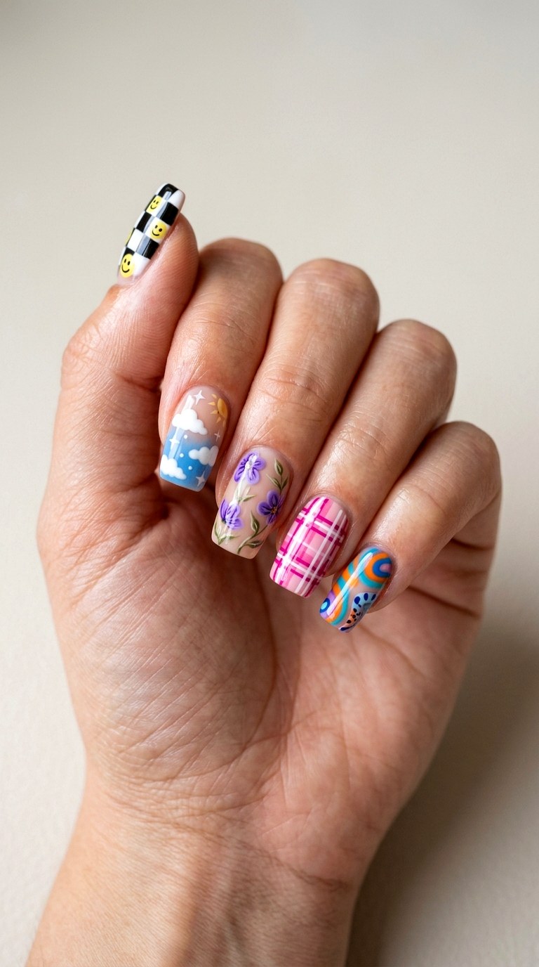 Mixed Pattern Eclectic Story Tips - 29 Artsy Spring Colorful Junk Nails