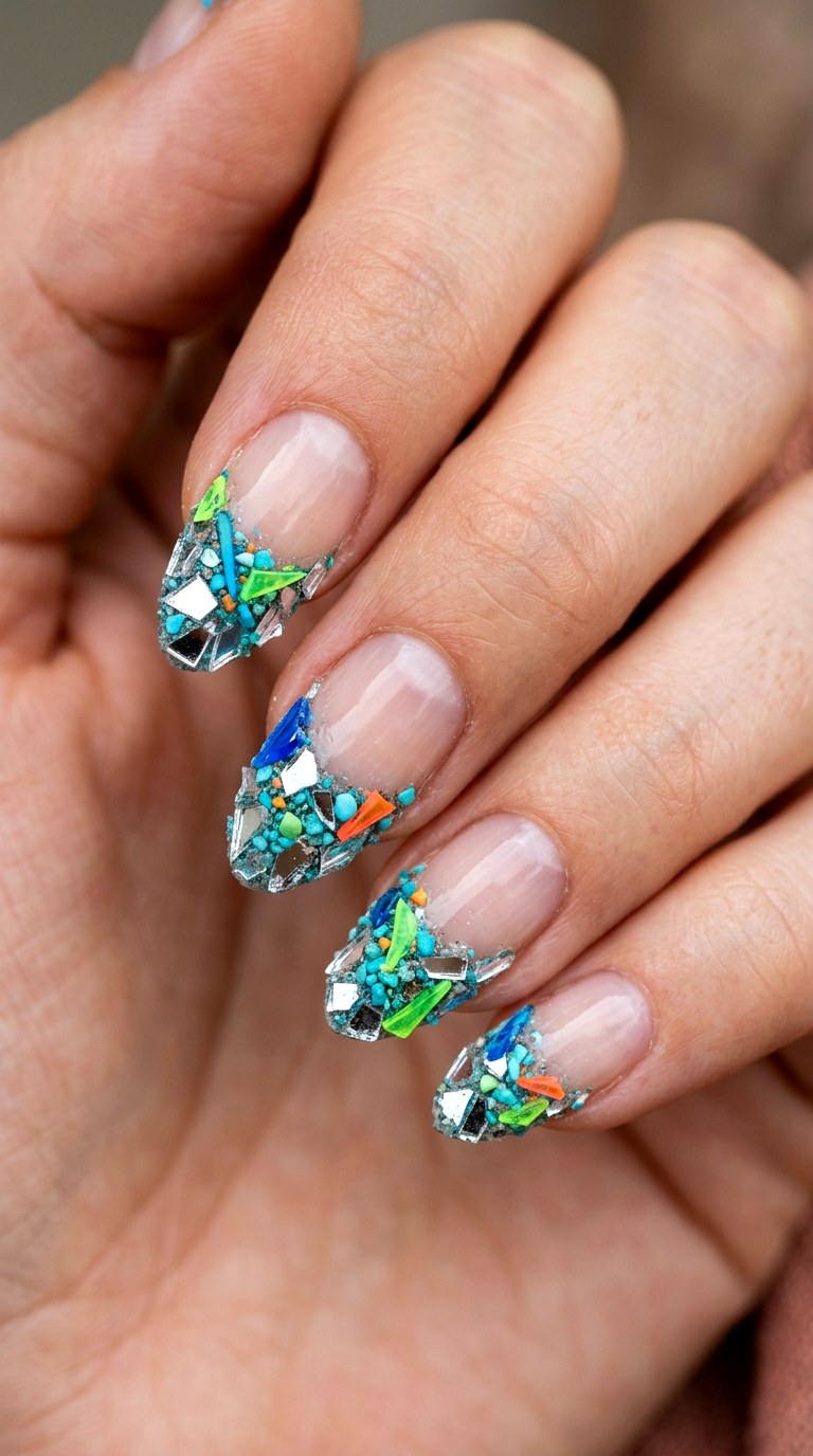 Mosaic Shard French Tip - 24 Eclectic Spring Colorful Junk Nails