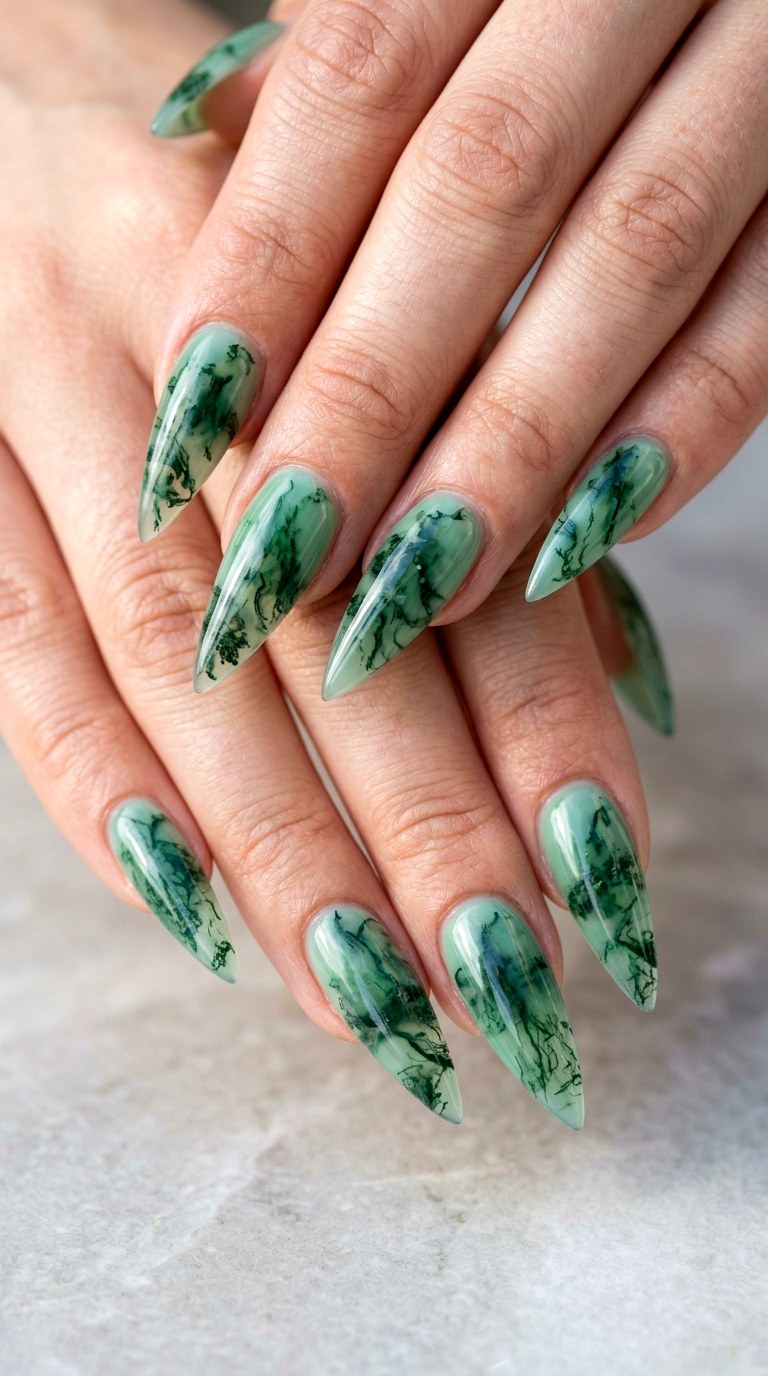 Moss Agate Stone Nails - 28 Botanical Spring Stiletto Nails