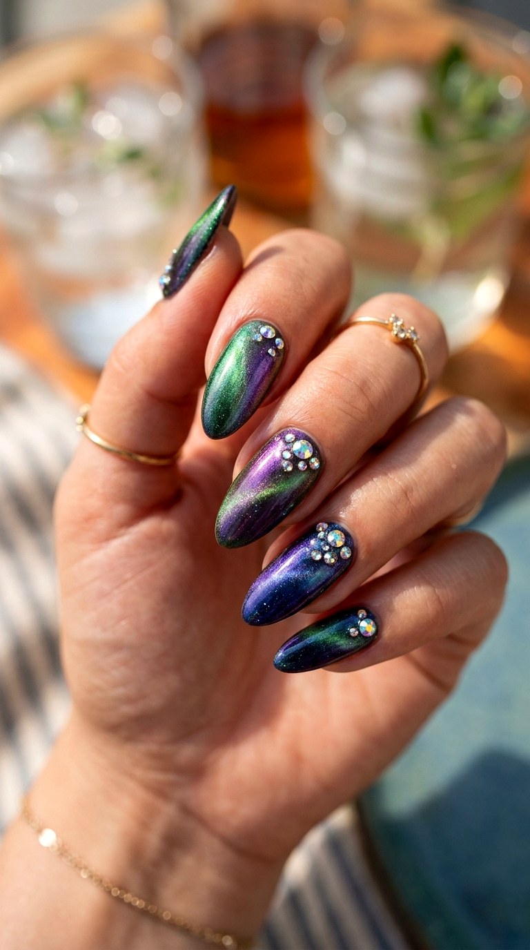 Multi Chrome Cat Eye with Scattered Crystals - 21 Summer Crystal Accent Cat Eye Nails Ideas