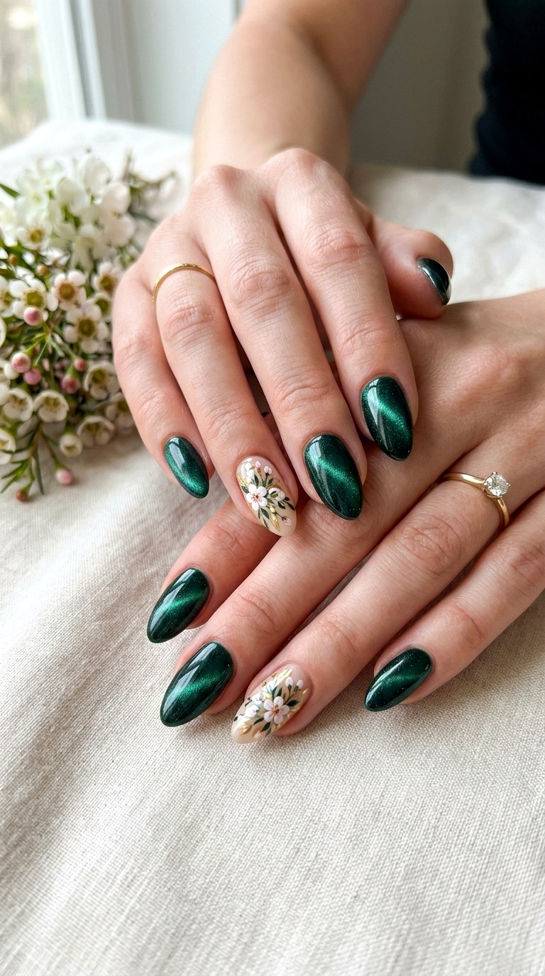 Multi Nail Floral Accent with Cat Eye Base - 25 Summer Floral Cat Eye Nails Ideas