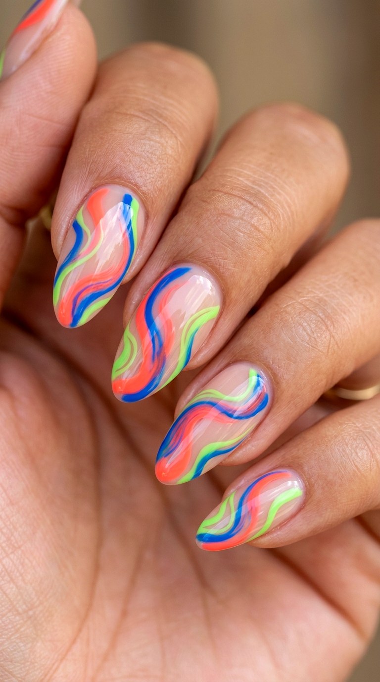 Multicolor Abstract Swirl Almond Tips - 26 Early Spring Multicolor Acrylic Nails