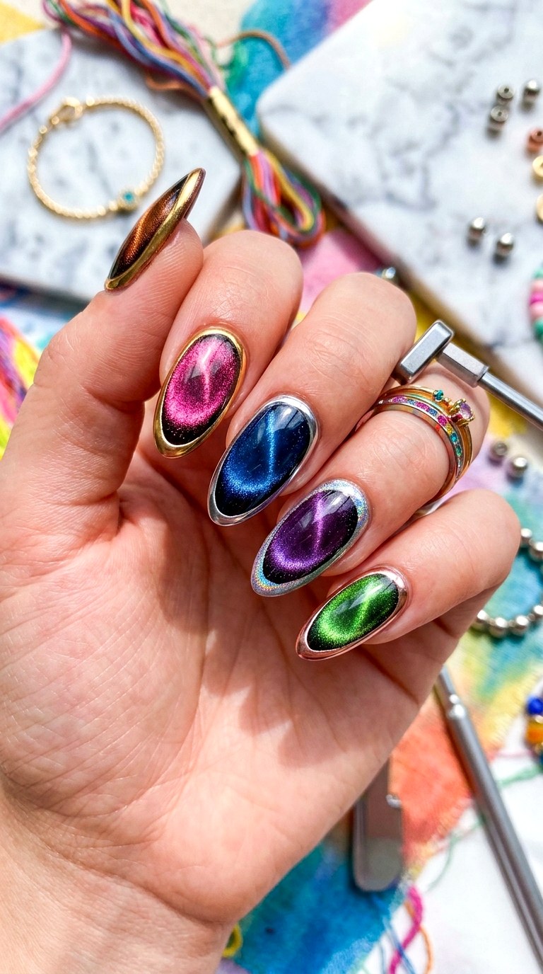 Multicolor Cat Eye with Mixed Chrome Outlines - 22 Summer Chrome Outline Cat Eye Nails Ideas