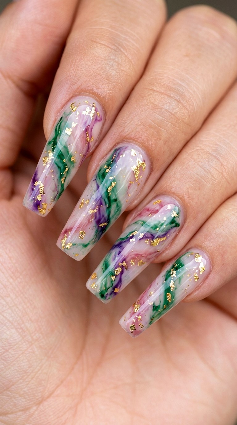 Multicolor Marble Long Coffin Illusions - 26 Early Spring Multicolor Acrylic Nails