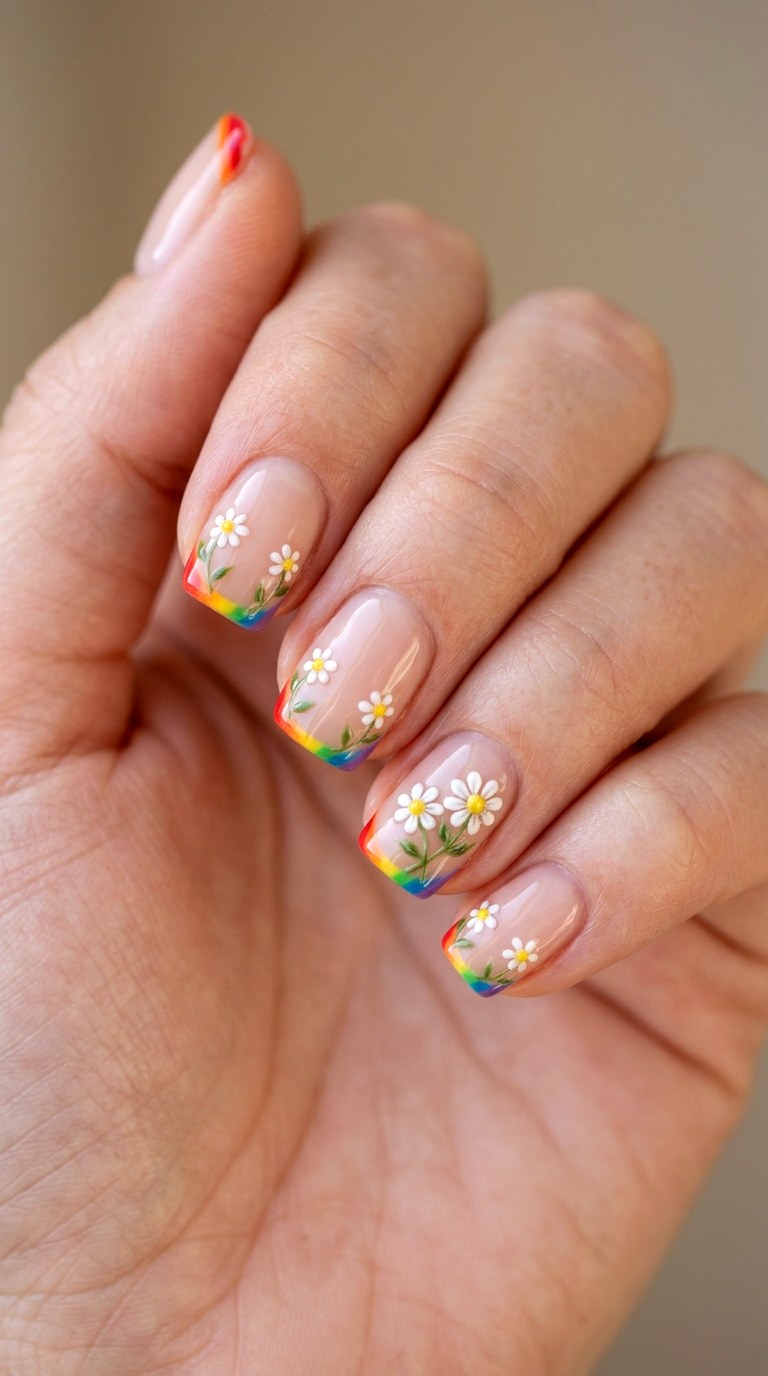 Multicolor Micro French With Tiny Blooms - 26 Early Spring Multicolor Acrylic Nails