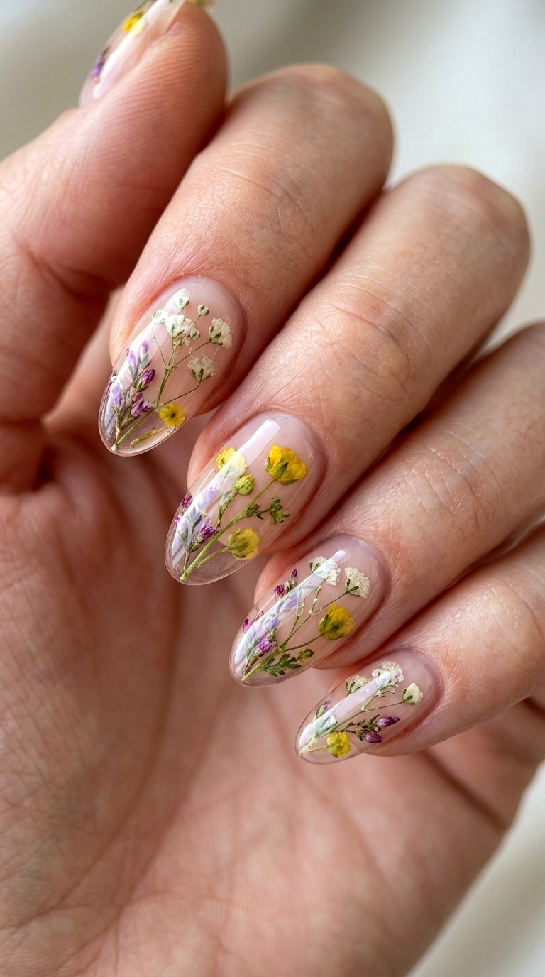 Multicolor Pressed Flower Botanical Nails - 20 Sunny Spring Multicolor Acrylic Nails