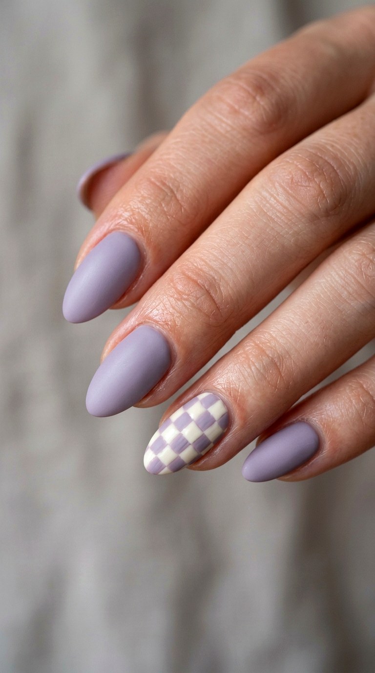 Muted Lavender with Checkerboard Accent - 24 Classy Spring Two Colored Nails