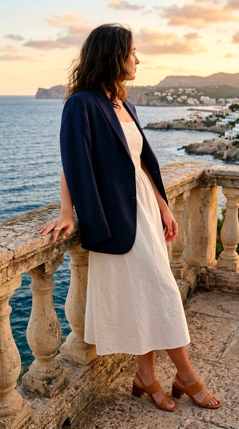 Navy Blazer Thrown Over a White Sundress - 23 old money outfits summer