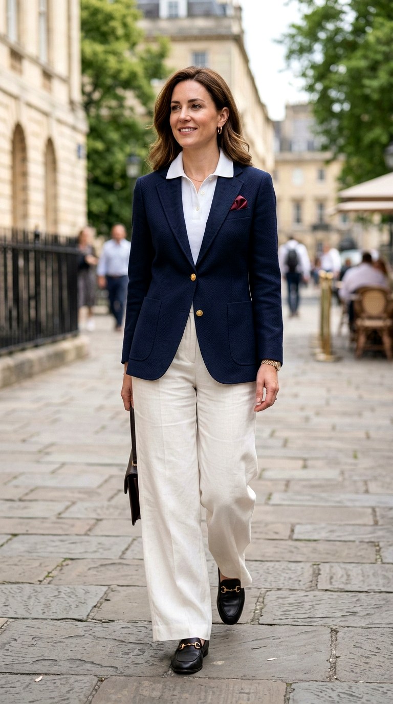Navy Blazer With Ecru Wide Leg Trousers - 24 old money outfits summer