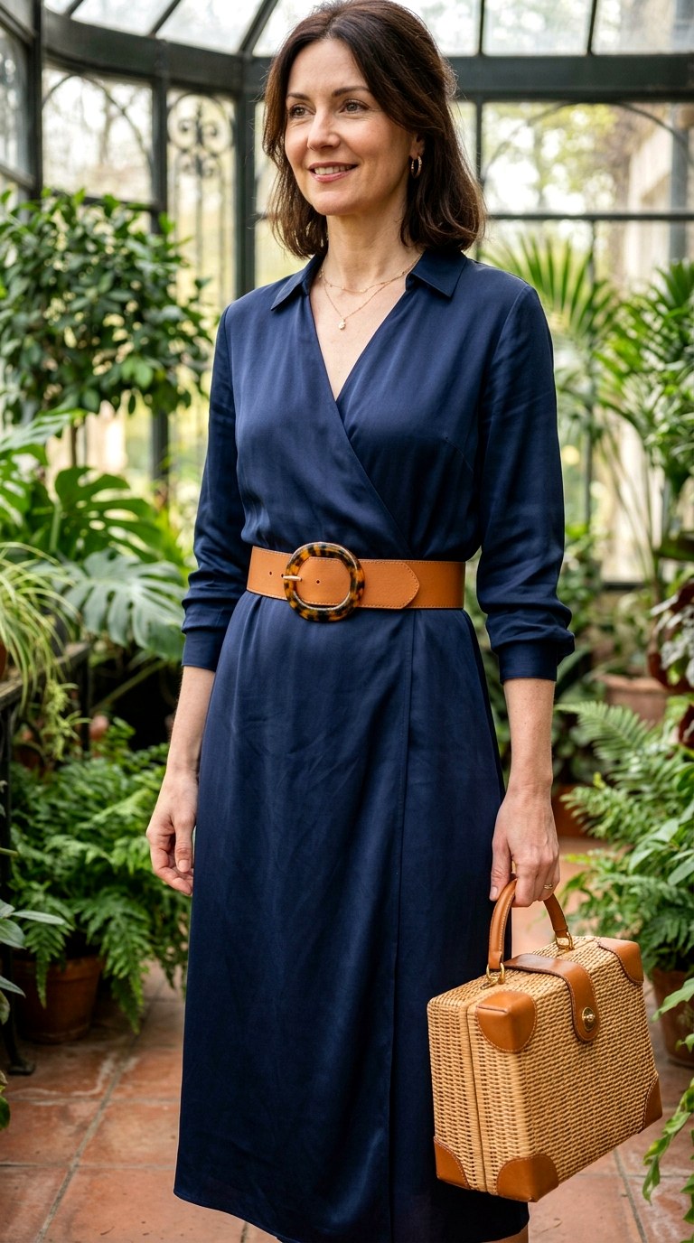 Navy Silk Wrap Dress with Tortoiseshell Belt - 23 old money outfits summer