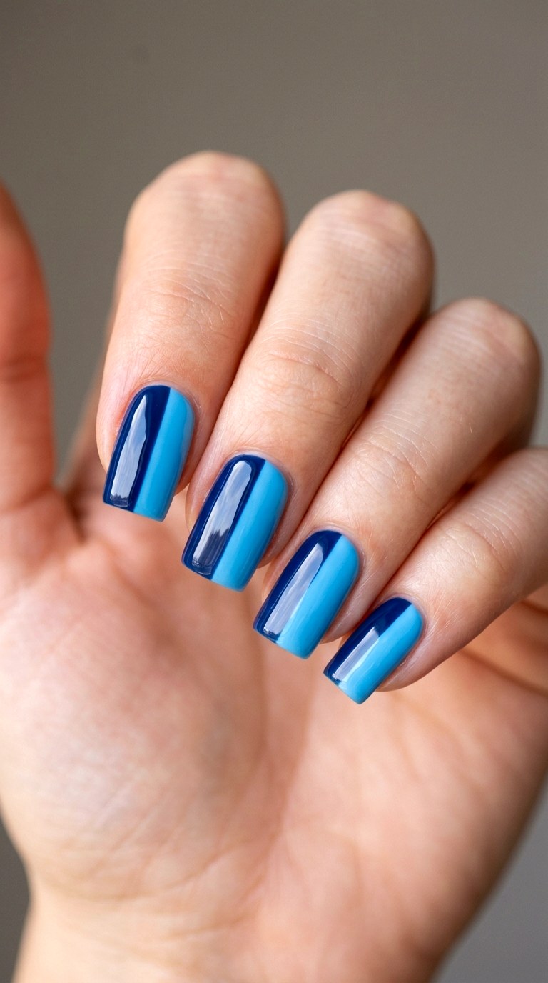 Navy and Sky Blue Color Block - 25 Simple Spring Two Colored Nails