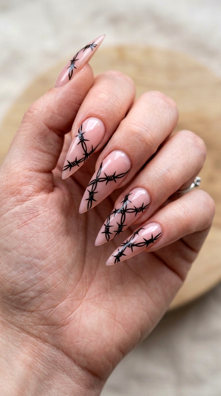 Negative Space Barbed Wire - 21 Edgy Spring Stiletto Nails