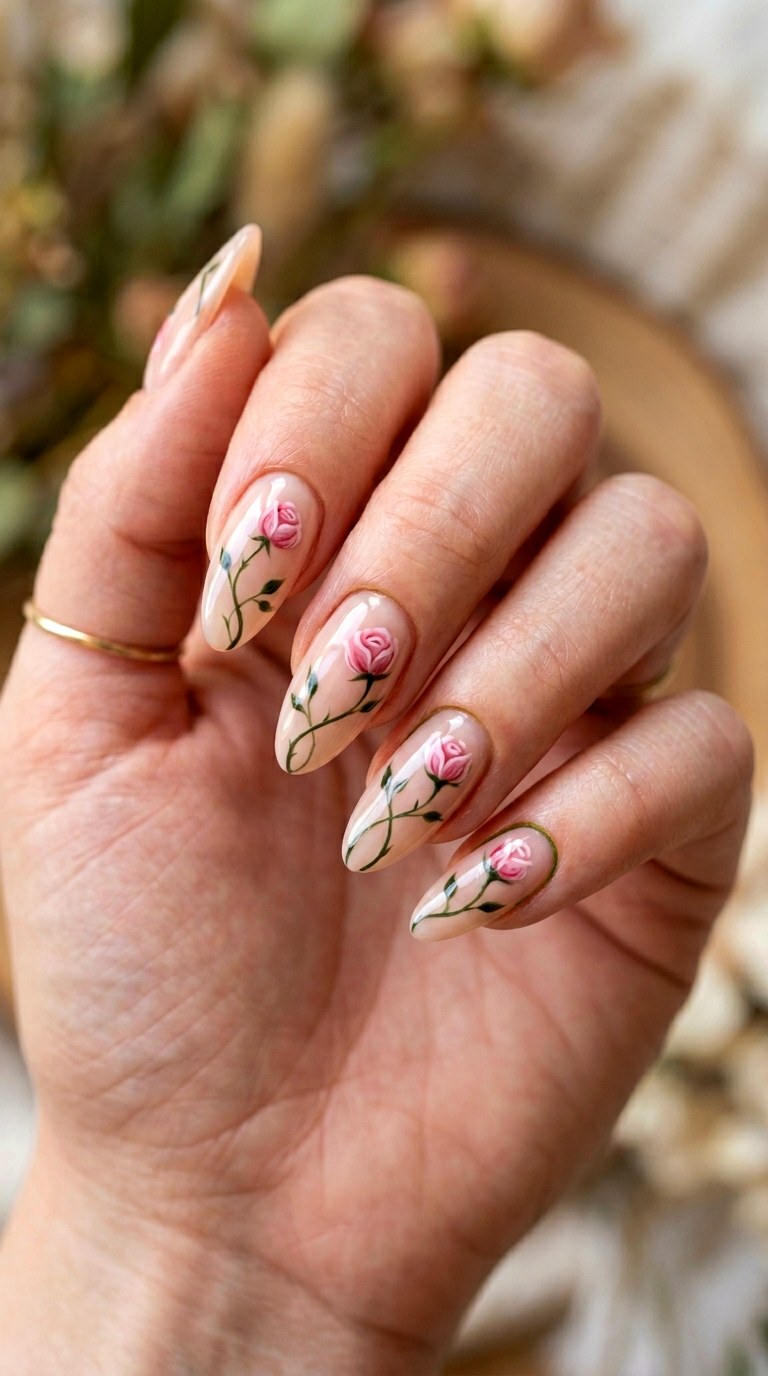 Negative Space Rose Stems - 26 Floral Spring Acrylic Nails