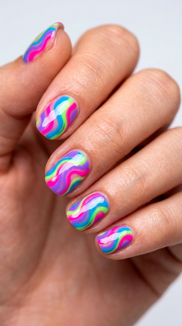 Neon Abstract Organic Waves - 29 Artsy Spring Colorful Junk Nails
