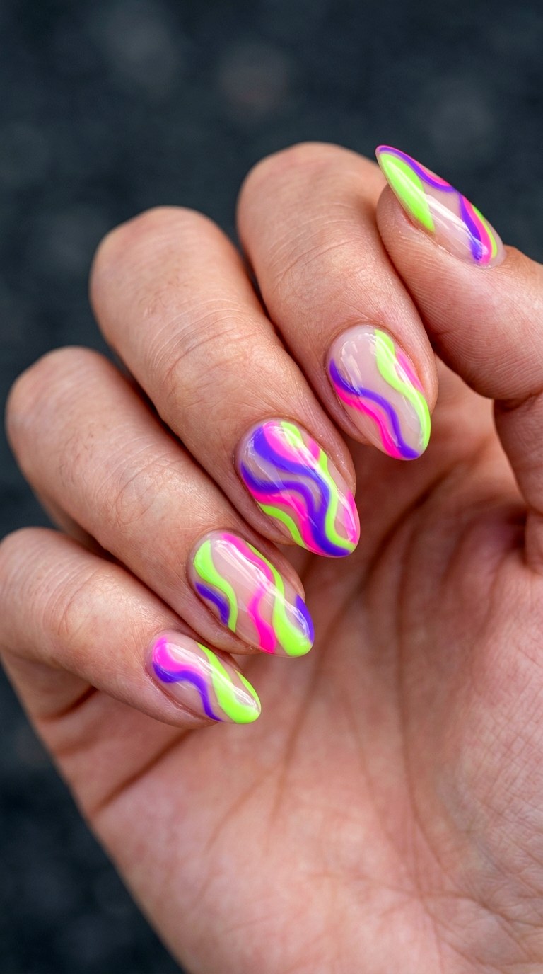 Neon Abstract Waves - 23 Bright Spring Multicolor Nails