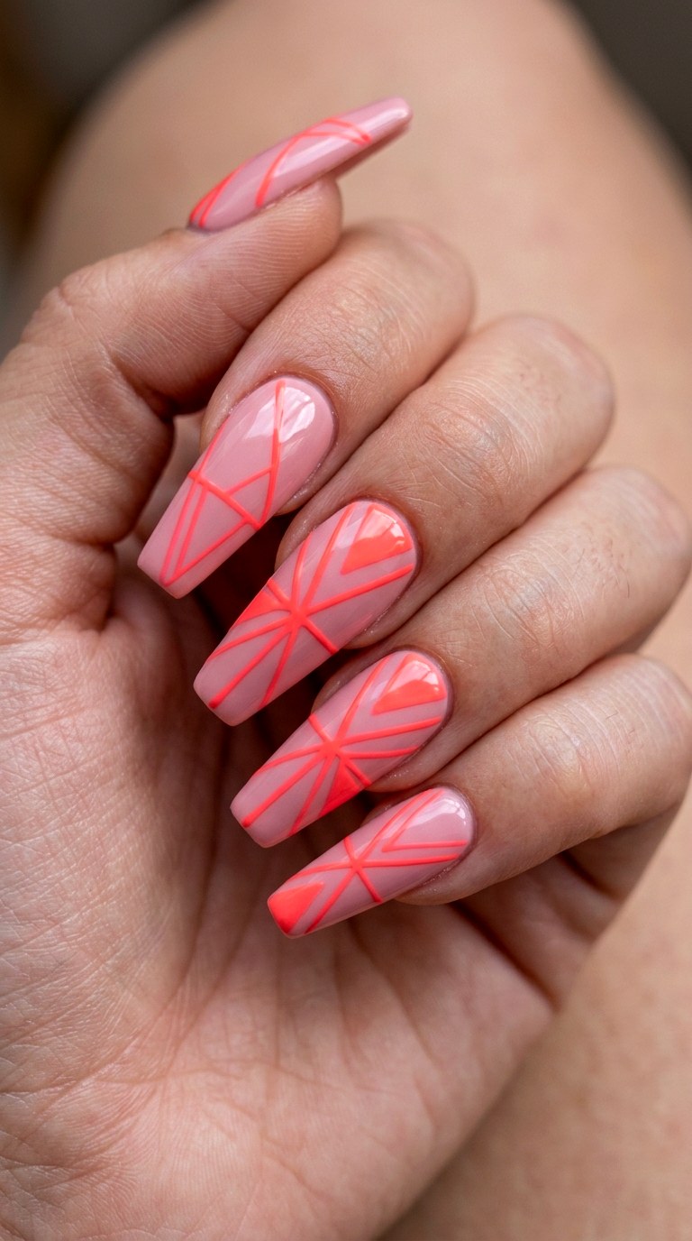 Neon Coral and Rose Pink Abstract Lines - 23 Geometric Spring Two Colored Nails