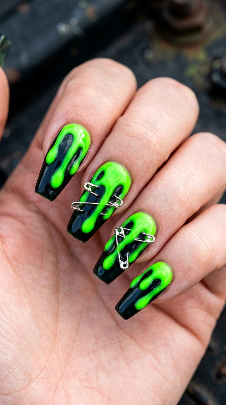 Neon Drip with Safety Pin Accents - 23 Whimsical Spring Colorful Junk Nails