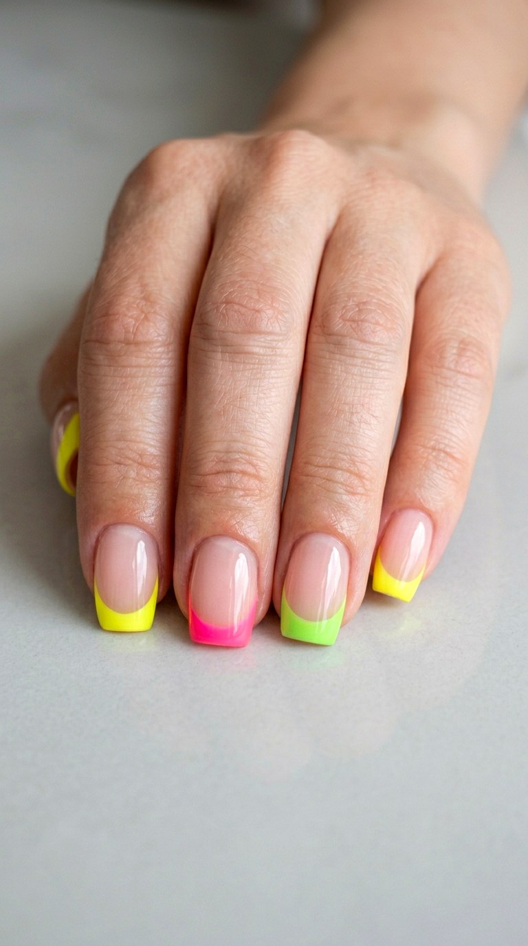 Neon French Tip Twist - 20 Playful Spring Multicolor Acrylic Nails
