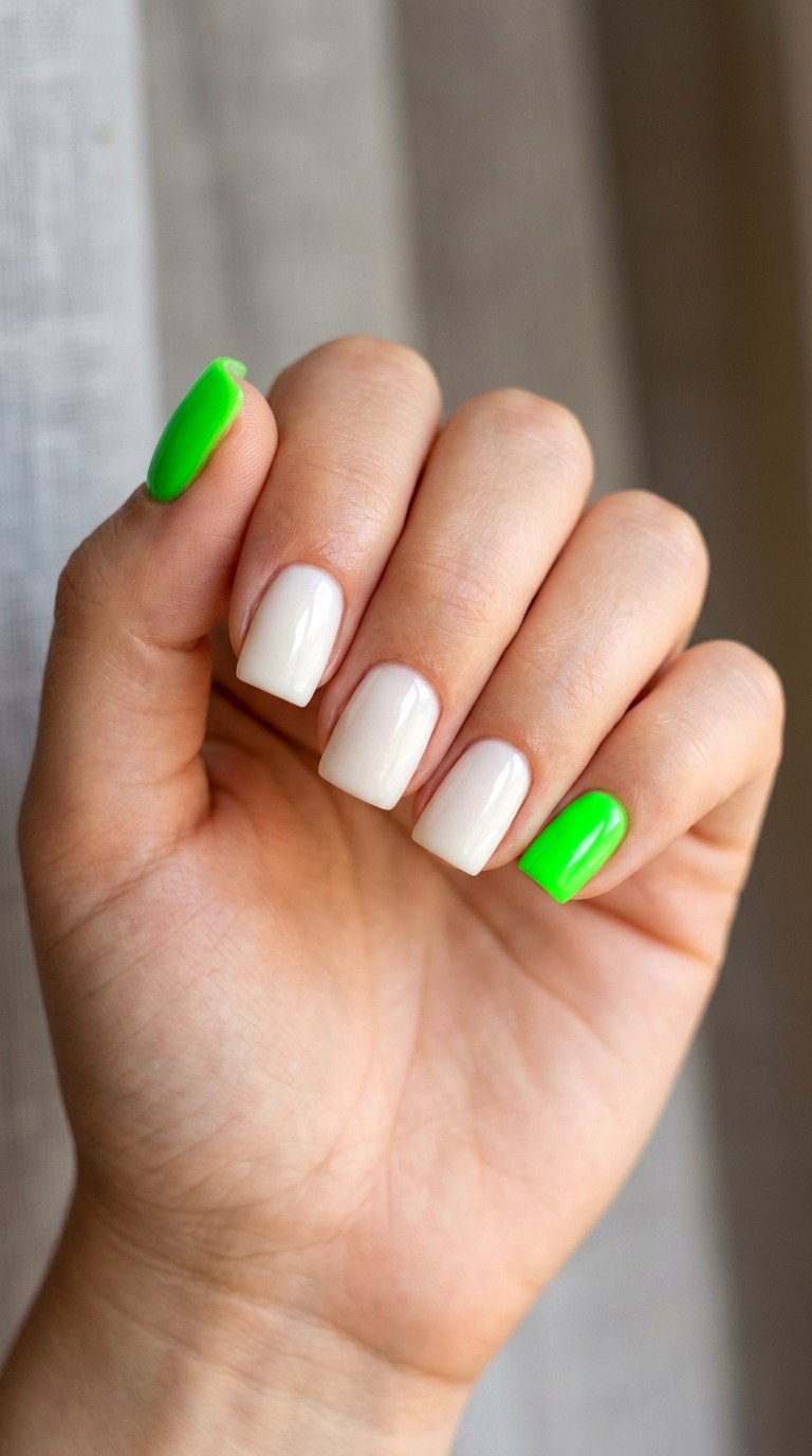 Neon Green Accent Nails - 24 Fresh Spring Acrylic Nails