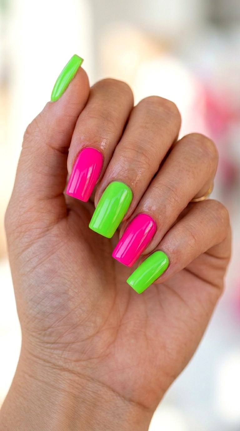 Neon Green and Pink Power Clash - 30 Cheerful Spring Multicolor Nails
