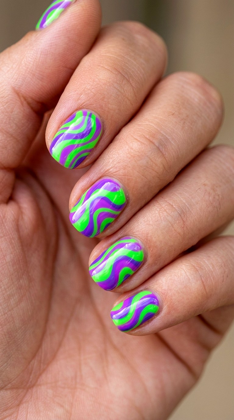 Neon Green and Violet Waves - 27 Graphic Spring Two Colored Nails