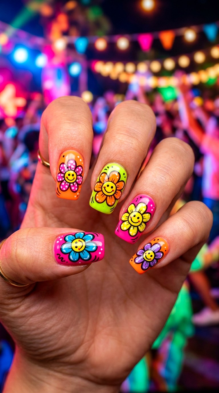 Neon Happy Flower Pop Art - 20 Summer Happy Flower Cartoon Nails Ideas