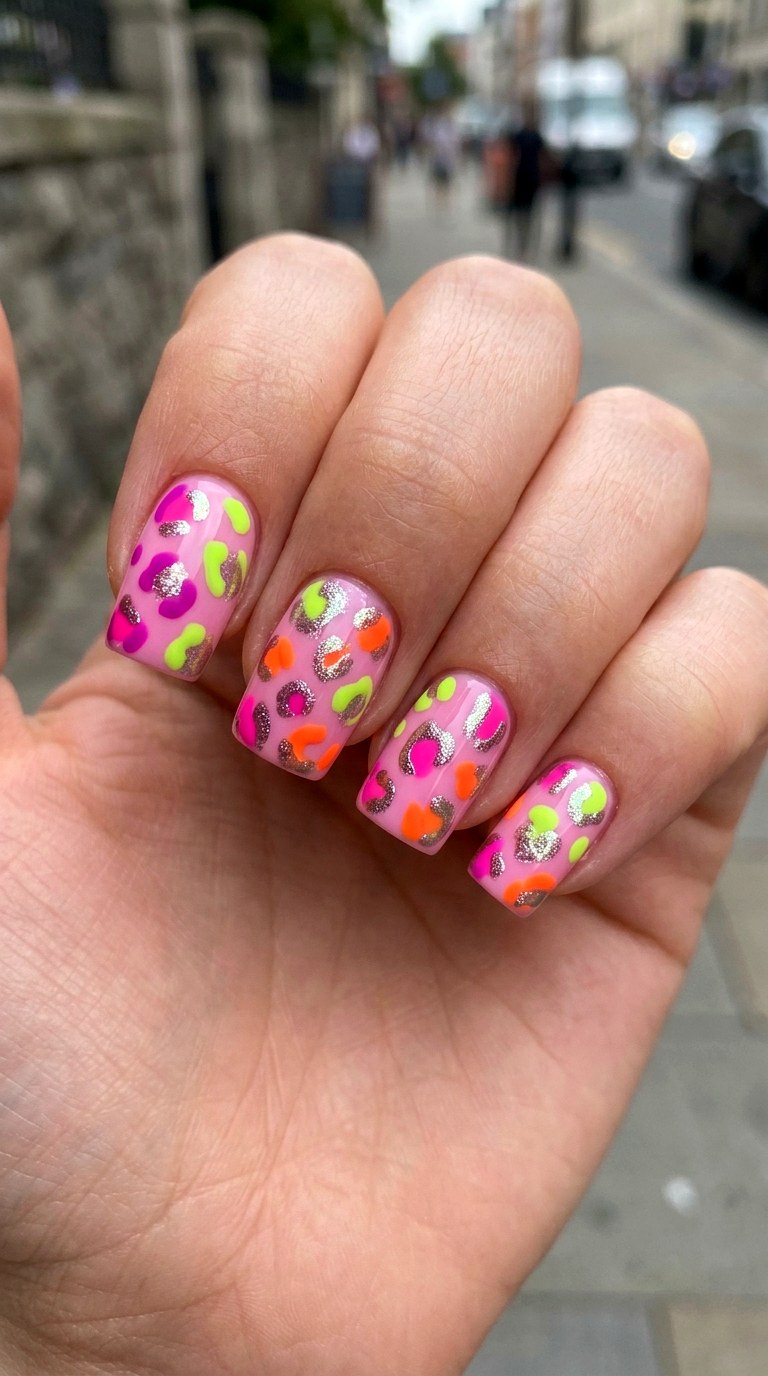 Neon Leopard Print Party Mix - 26 Early Spring Multicolor Acrylic Nails