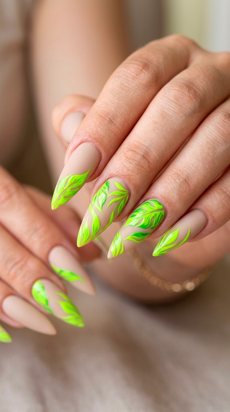Neon Lime Abstract Leaves - 28 Botanical Spring Stiletto Nails