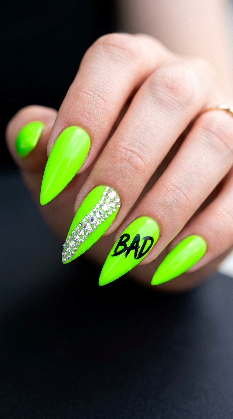 Neon Lime Green Attitude - 28 Sharp Spring Stiletto Nails