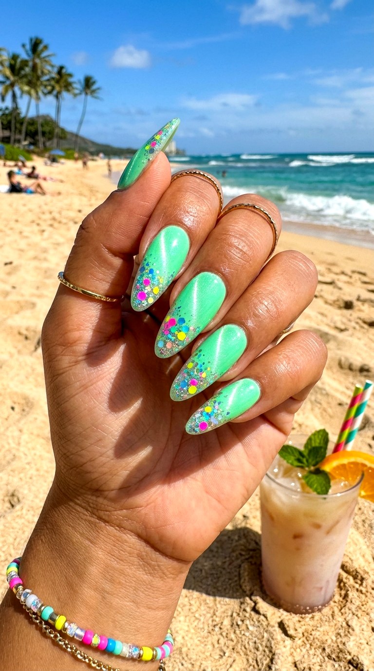 Neon Mint Cat Eye with Glitter Pop - 23 Summer Mint Green Cat Eye Nails with Sparkle Ideas