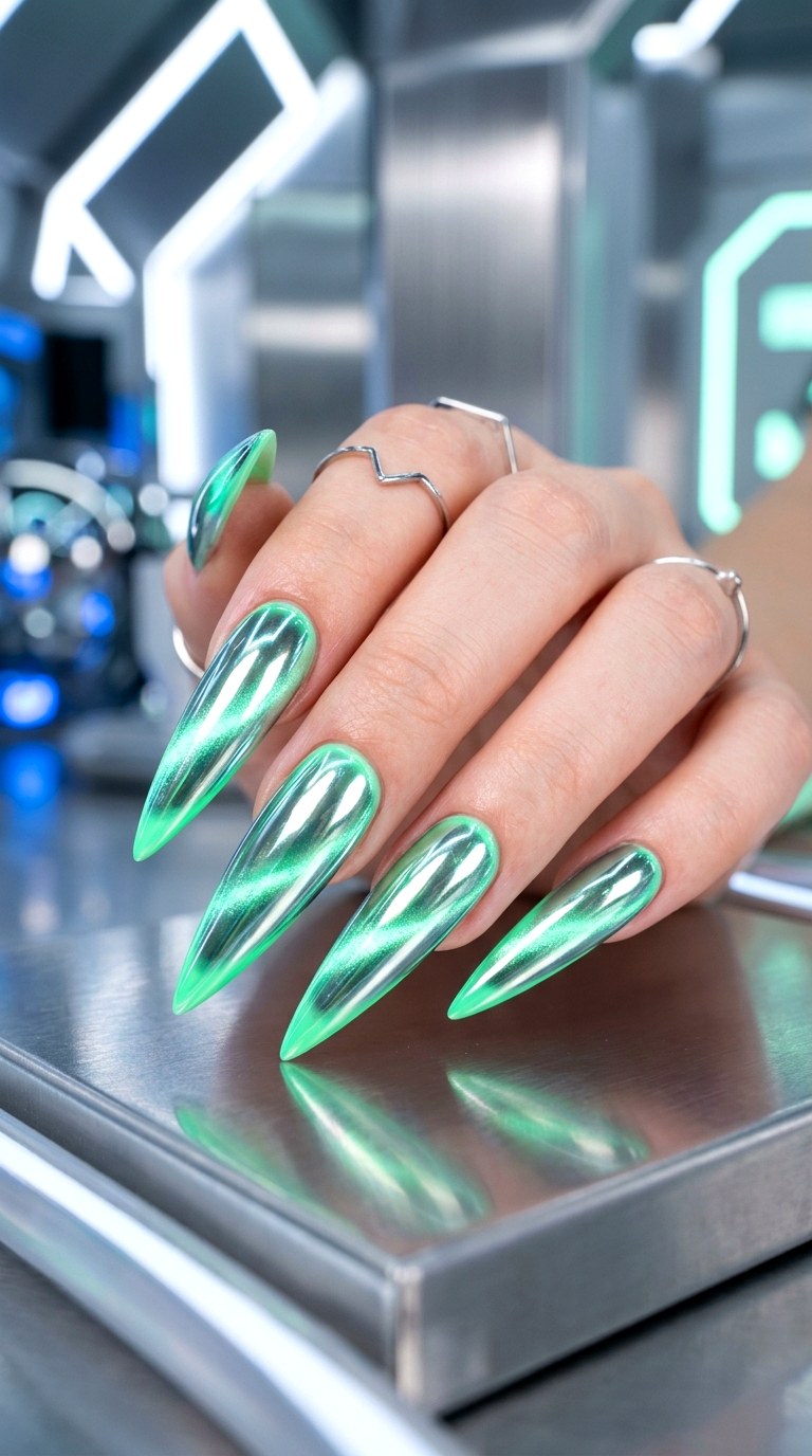 Neon Mint Chrome Shimmer Cat Eye - 23 Summer Soft Green Shimmer Cat Eye Nails Ideas