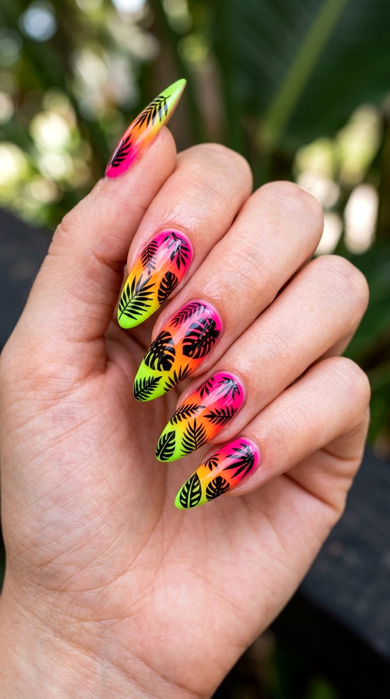 Neon Ombre Tropical Leaf - 26 At-Home Spring Color Street Nails