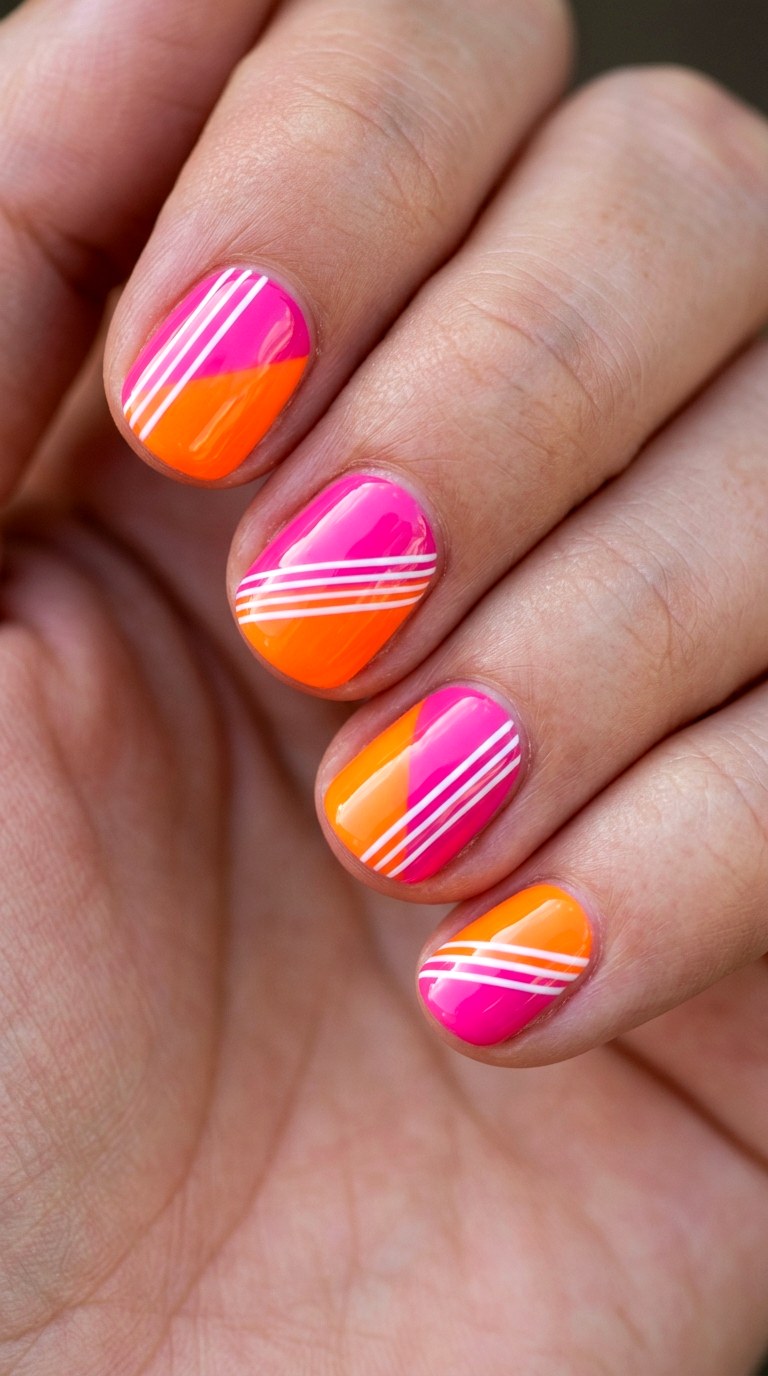 Neon Orange and Hot Pink Stripes - 27 Graphic Spring Two Colored Nails