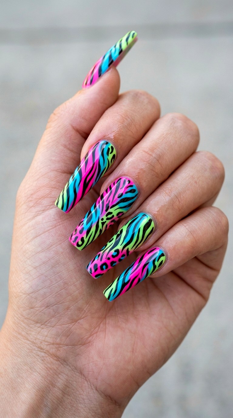 Neon Party Animal Print Coffin Nails - 29 Festive Spring Multicolor Acrylic Nails