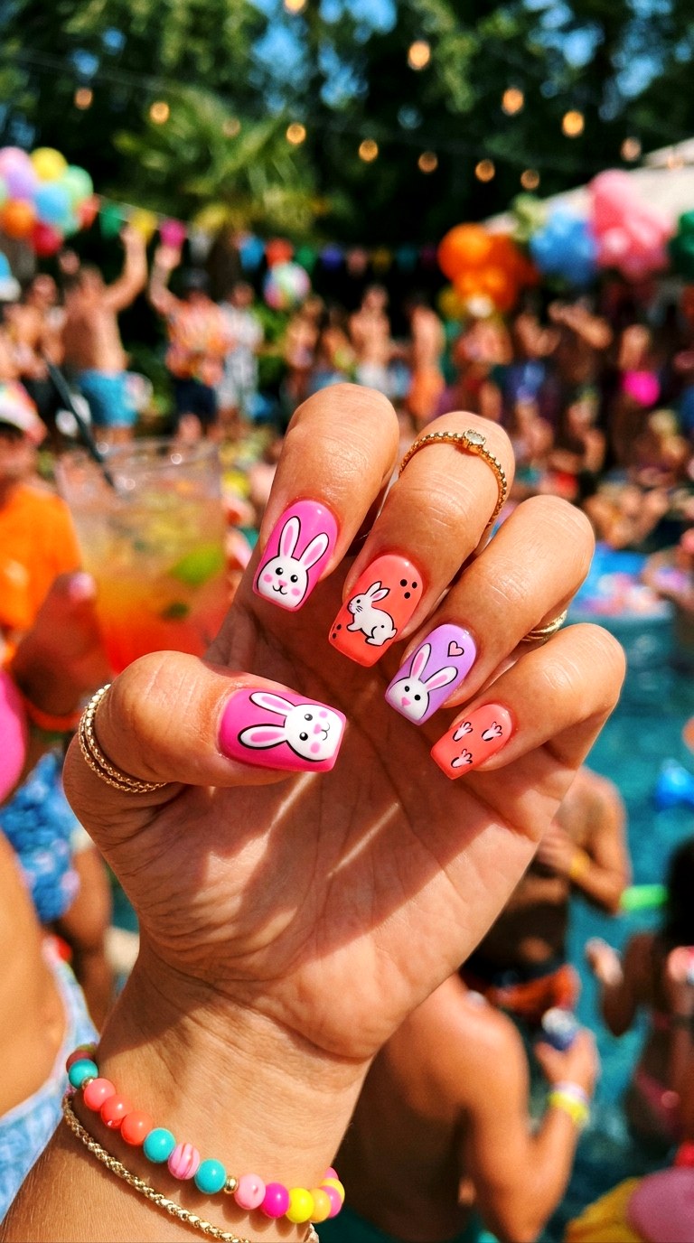 Neon Pastel Bunny Pop Nails - 26 Summer Pastel Bunny Cartoon Nail Ideas
