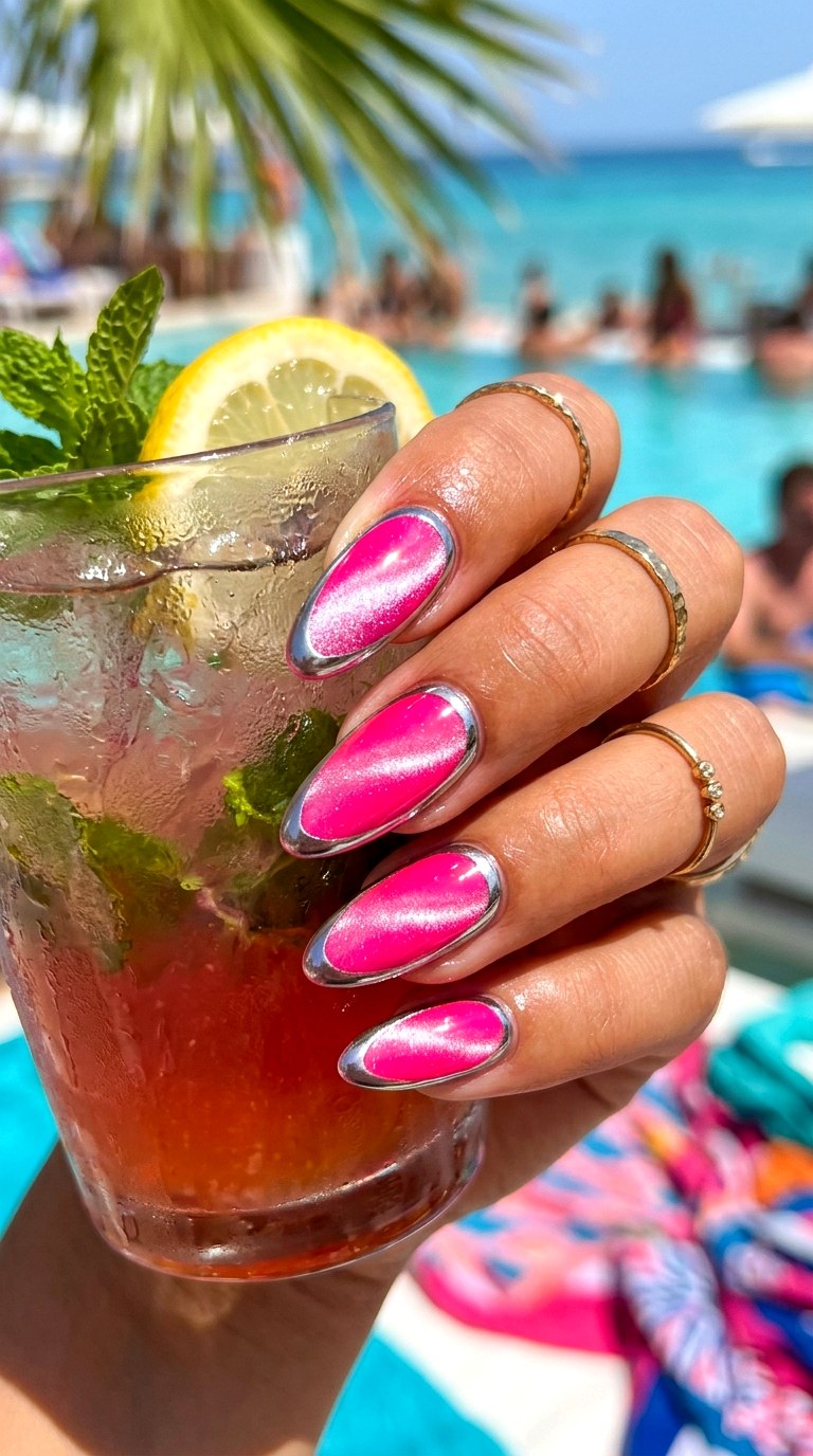 Neon Pink Cat Eye with Chrome Accents - 22 Summer Chrome Outline Cat Eye Nails Ideas