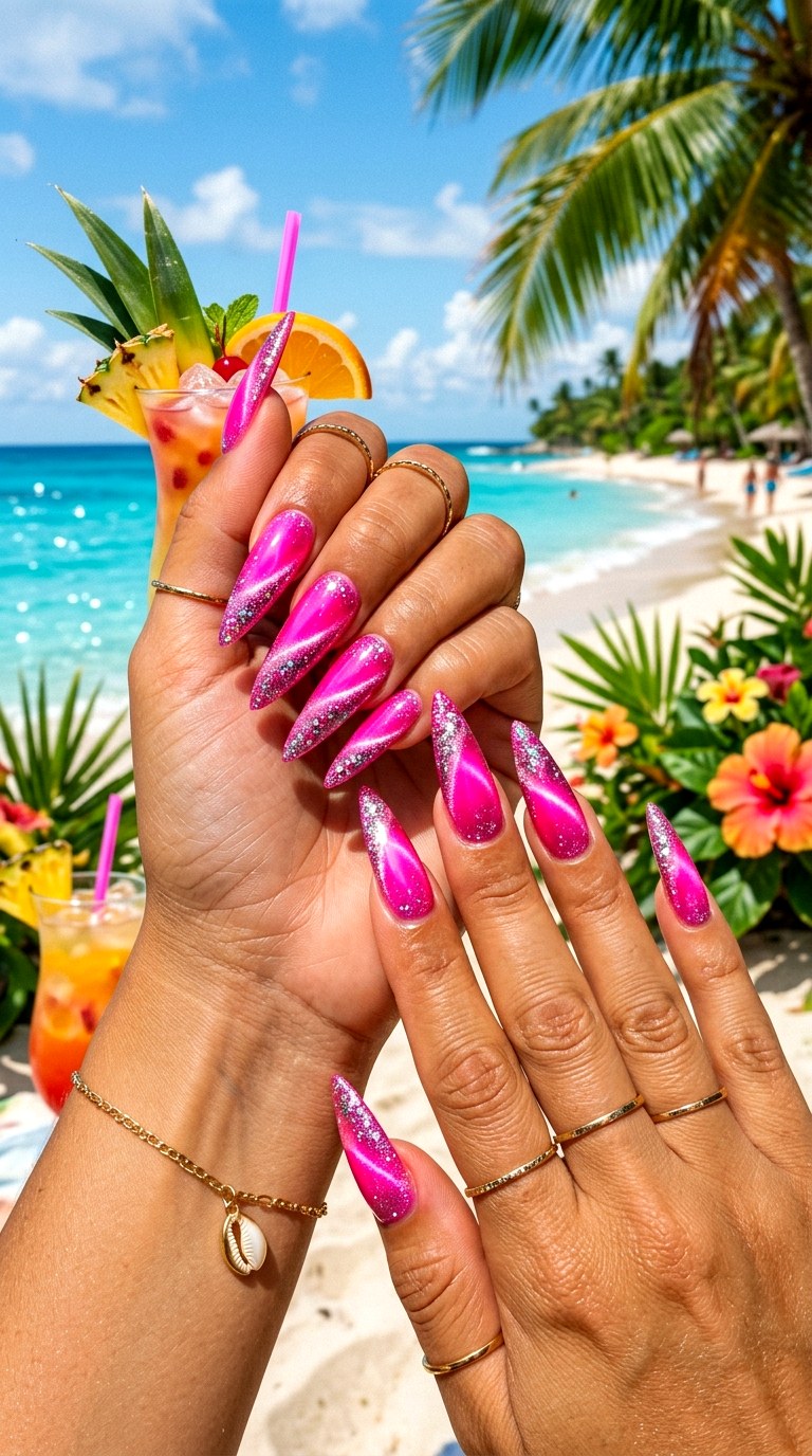 Neon Pink Cat Eye with Glitter Shimmer Line - 22 Summer Pink Cat Eye Nails with Shimmer Line Ideas