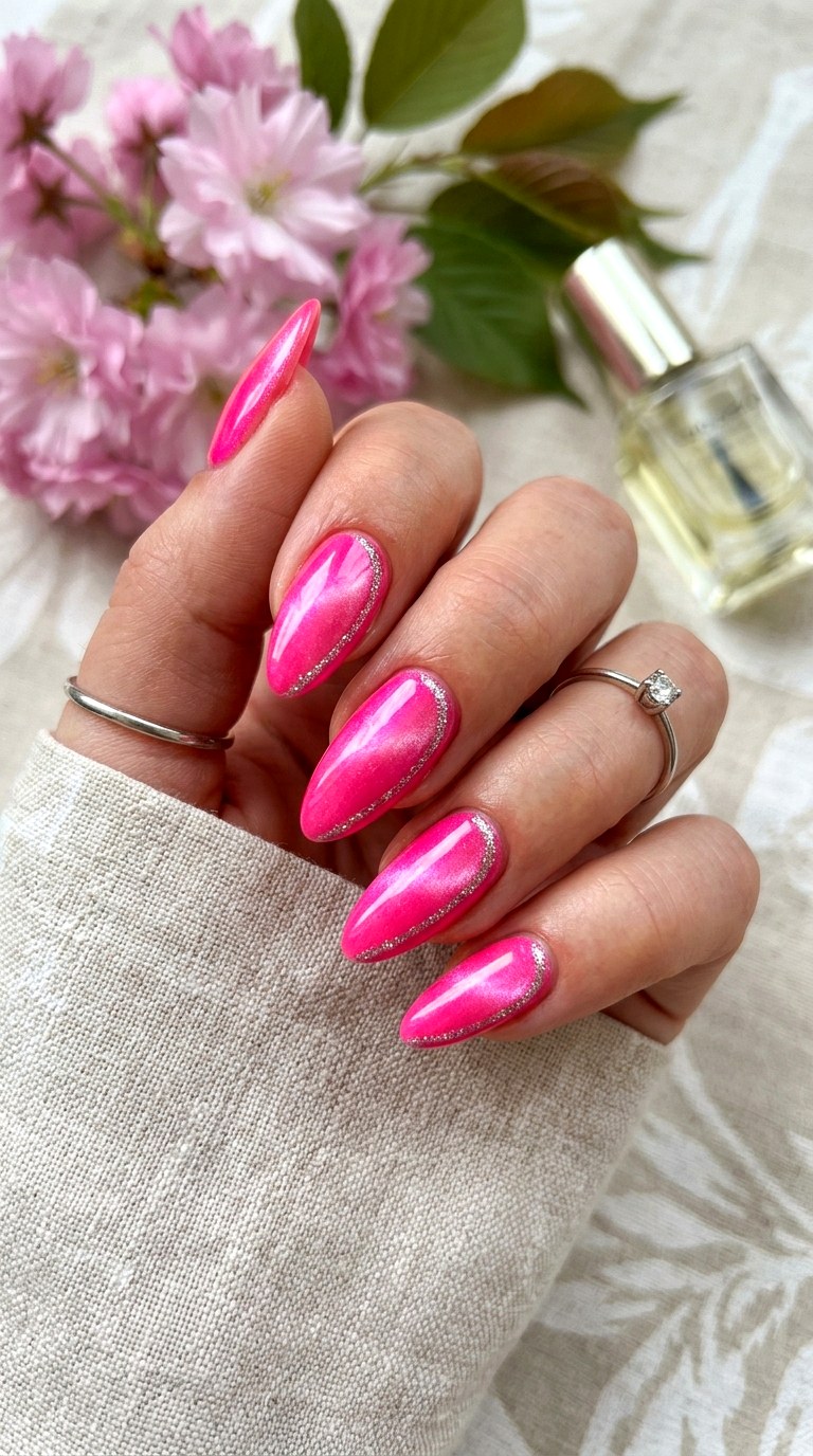 Neon Pink Cat Eye with Silver Glitter Line - 20 Spring Pink Cat Eye Nails with Shimmer Line Ideas