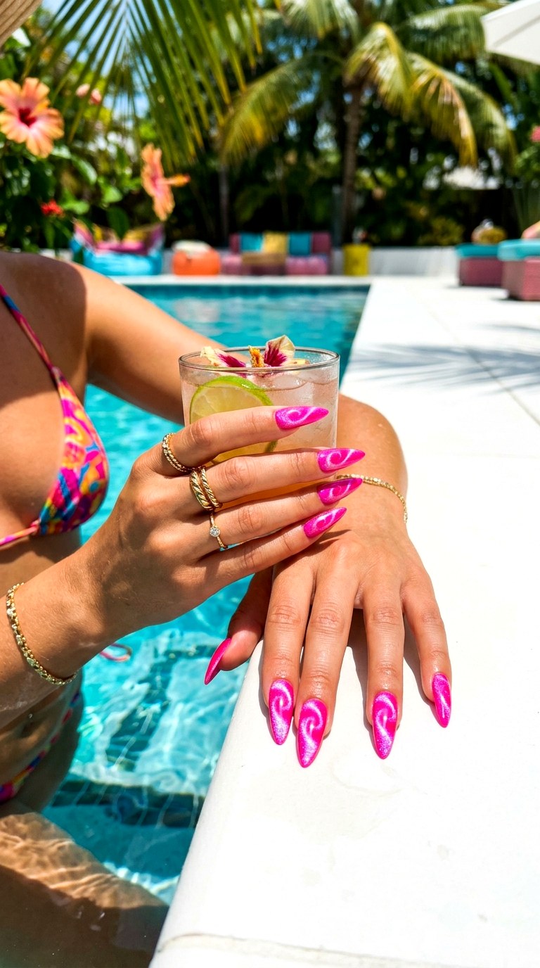 Neon Pink Swirl Cat Eye Nails - 21 Summer Swirl Cat Eye Nails Ideas