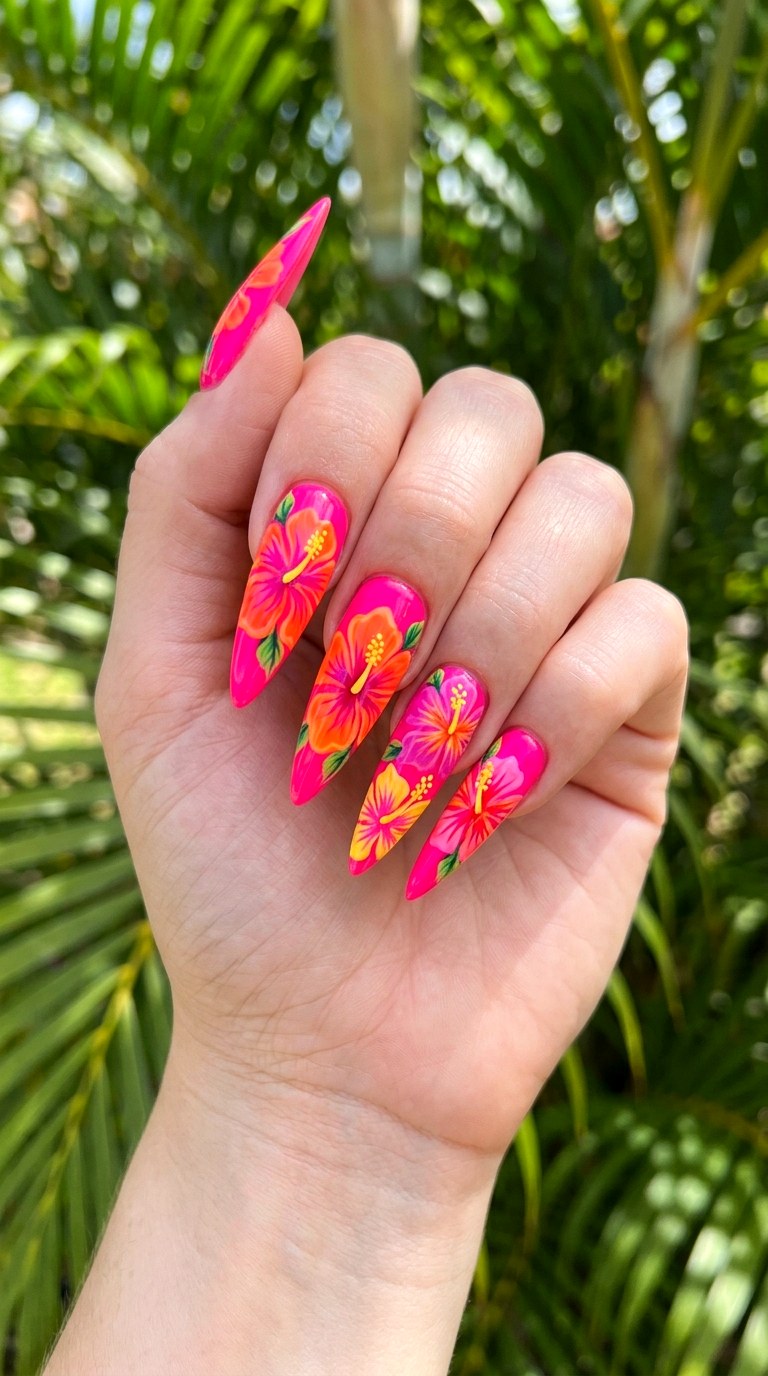 Neon Pink Tropical Hibiscus - 26 Floral Spring Acrylic Nails