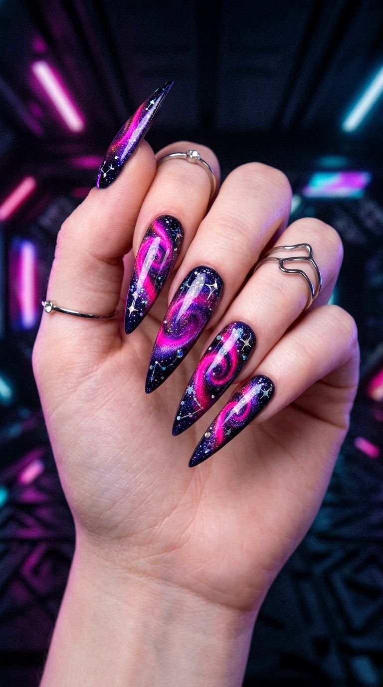 Neon Pink and Purple Galaxy - 26 Summer Dual-Tone Magnetic Cat Eye Nails Ideas