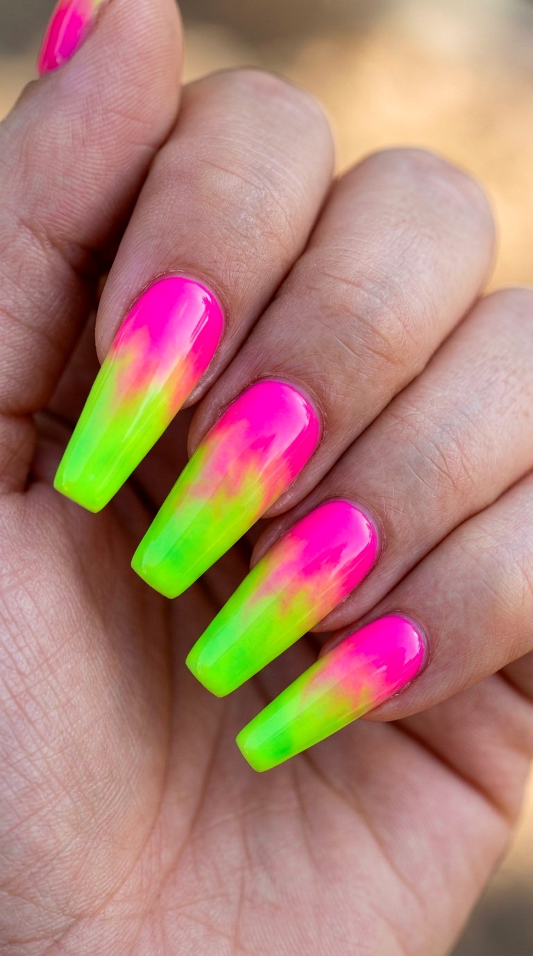 Neon Pink to Lime Edge - 24 Radiant Spring Ombre Nails