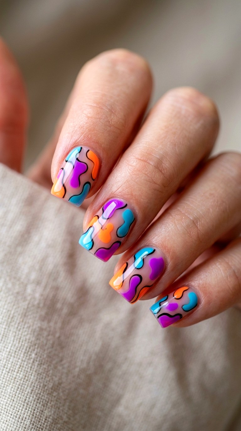 Neon Pop Camo Abstract Mix - 20 Sunny Spring Multicolor Acrylic Nails