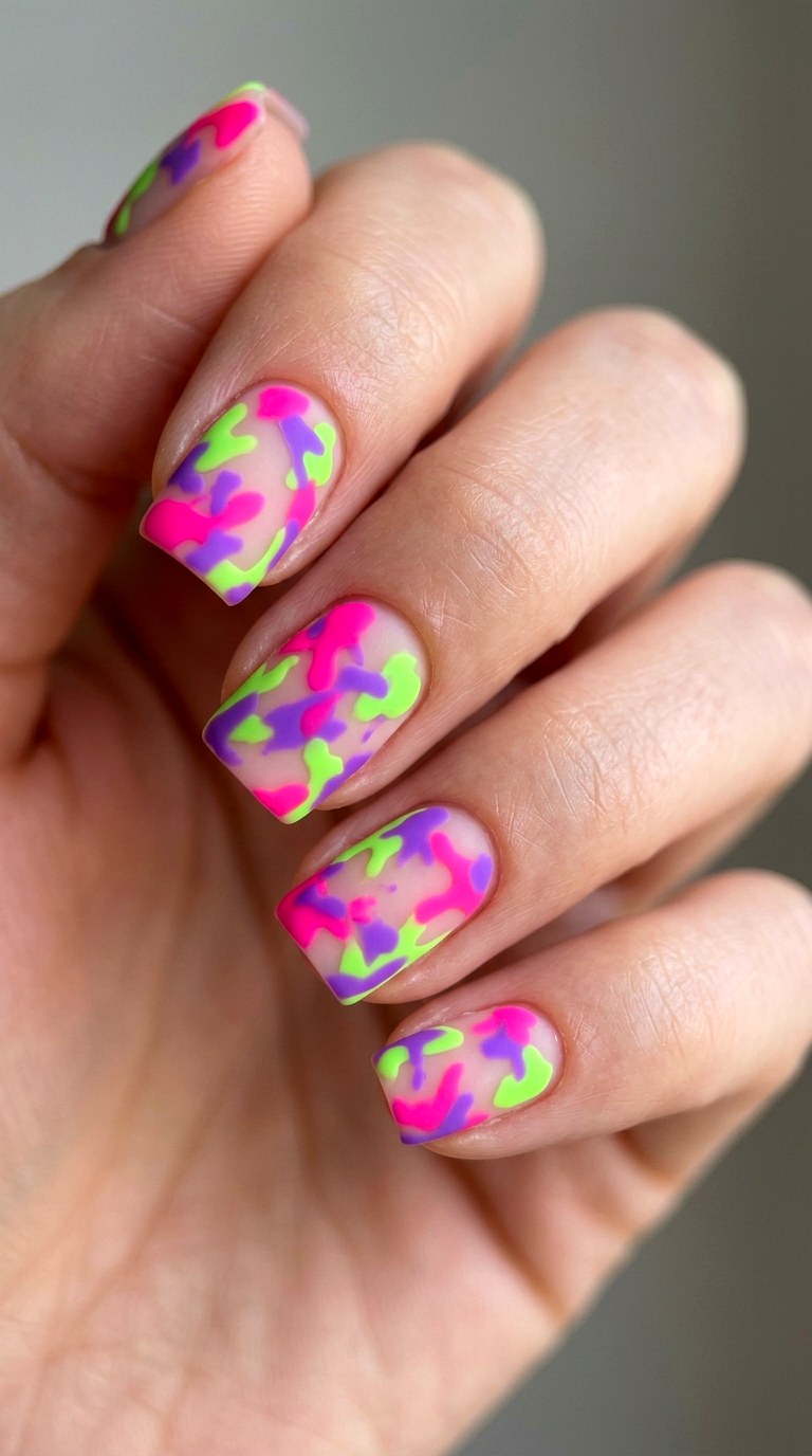 Neon Pop Camo Short Acrylics - 29 Festive Spring Multicolor Acrylic Nails