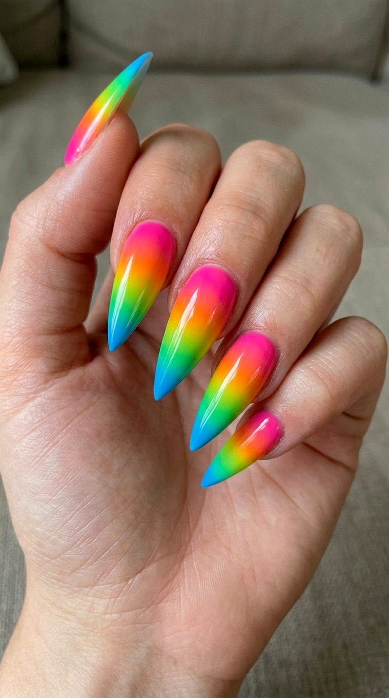 Neon Rainbow Ombre - 26 Vacation Summer Multicolor Acrylic Nails