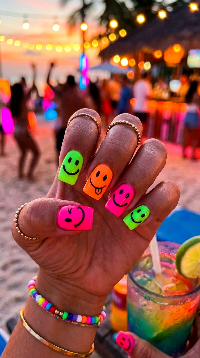 Neon Smiley Pop Nails - 20 Summer Smiley Face Cartoon Nails Ideas