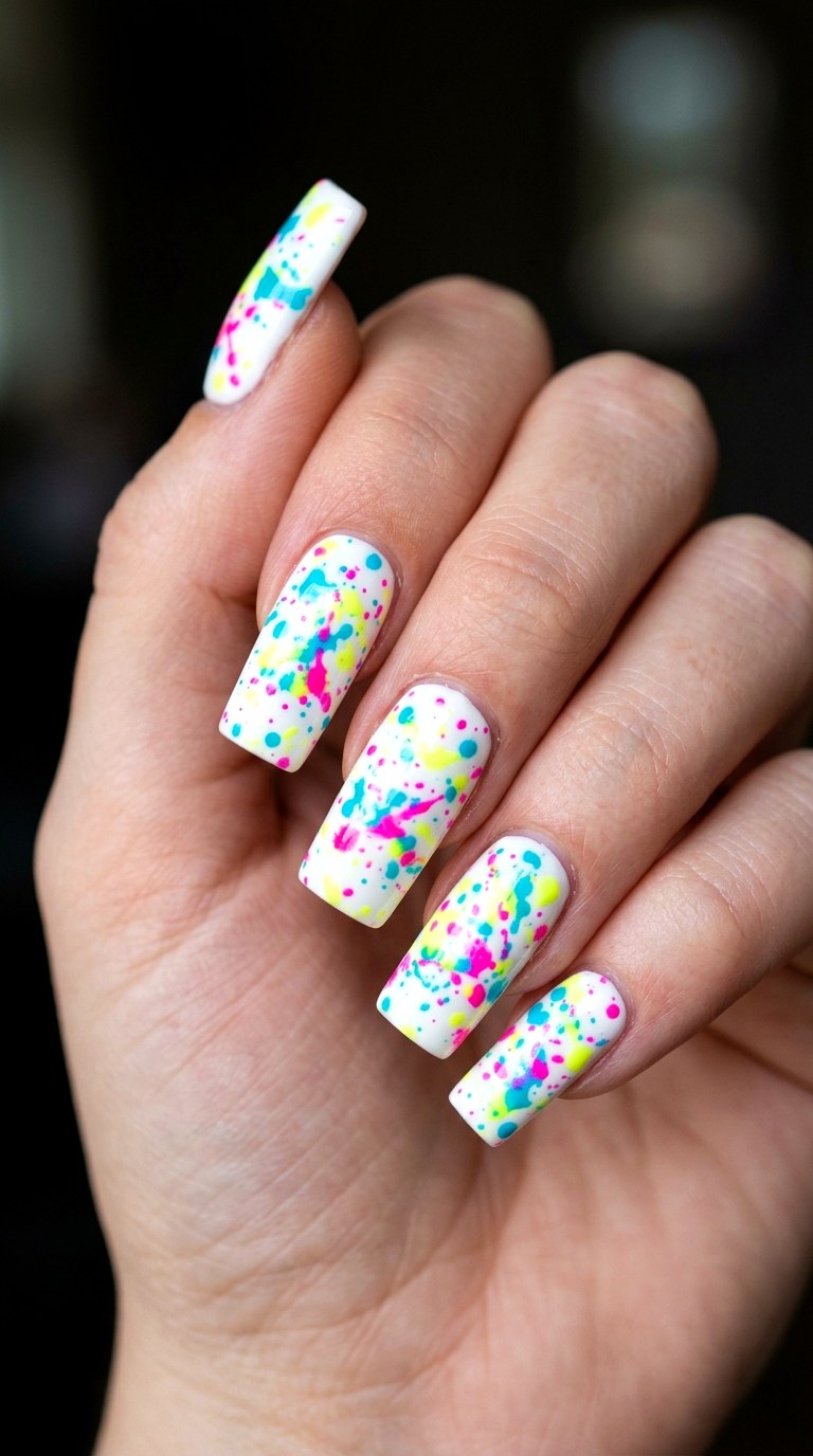 Neon Splatter Abstract Art - 25 Spring Break Multicolor Acrylic Nails