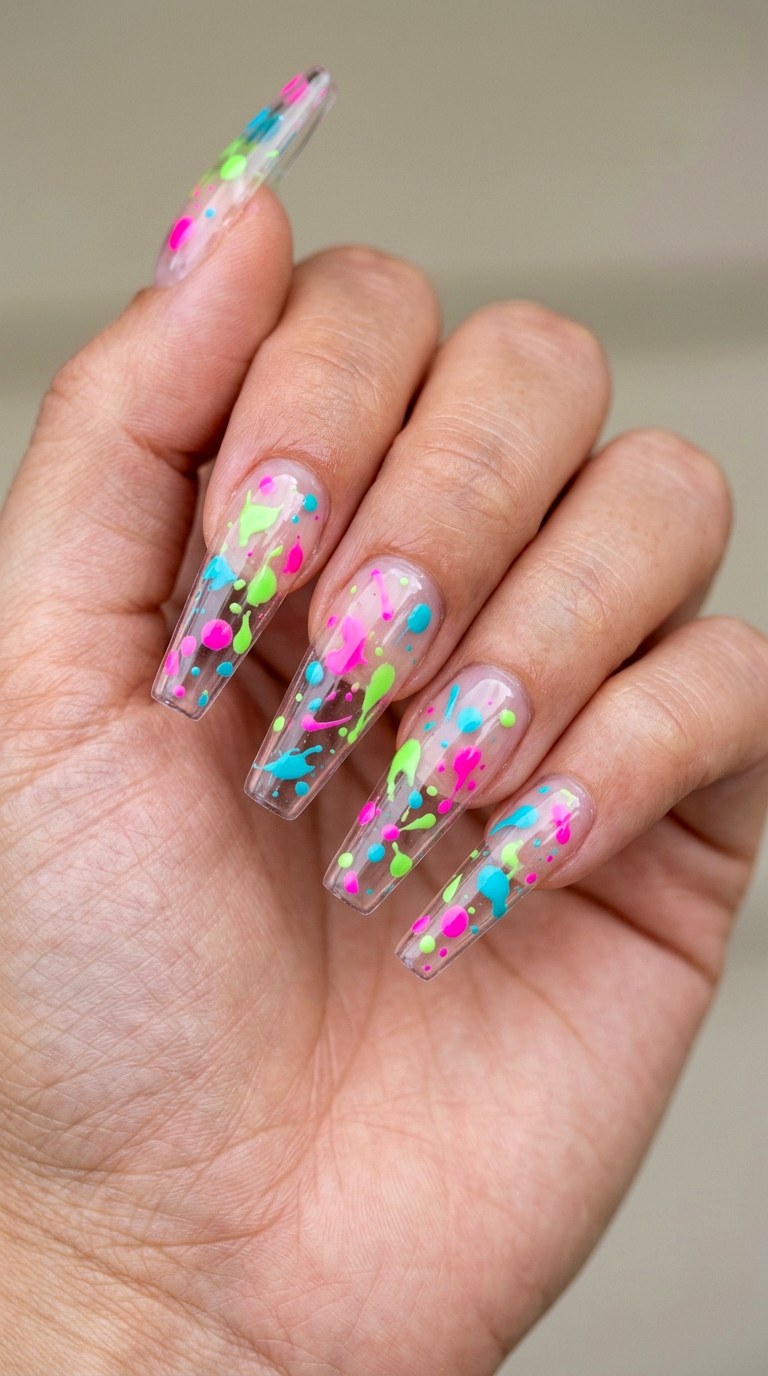 Neon Splatter Birthday Suit Nails - 26 Early Spring Multicolor Acrylic Nails