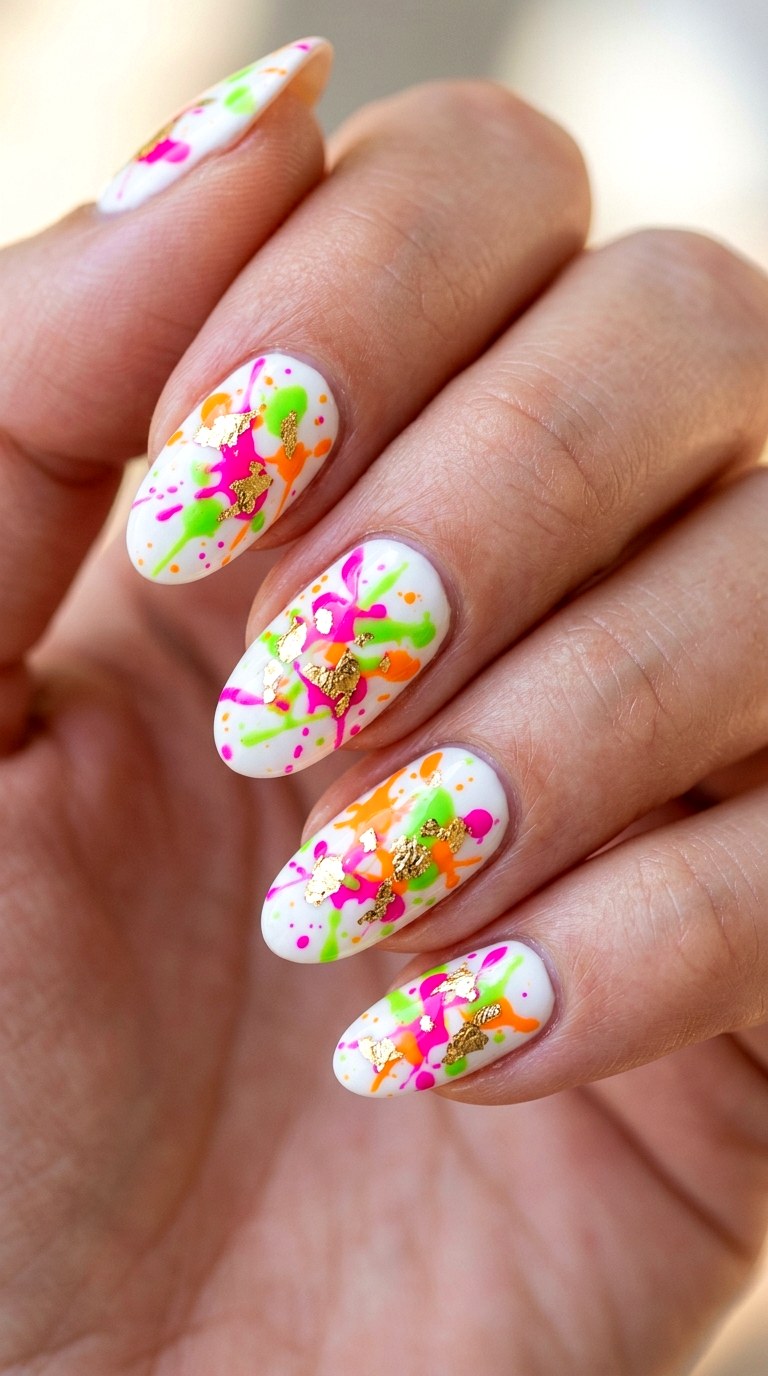 Neon Splatter Meets Gold Leaf Chaos - 26 Creative Spring Colorful Junk Nails