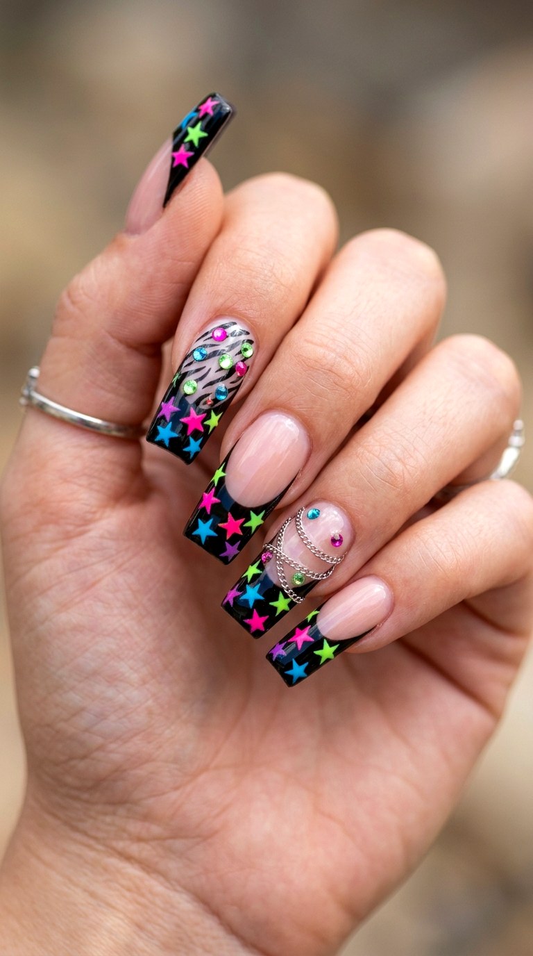 Neon Star Power French Tips - 29 Artsy Spring Colorful Junk Nails